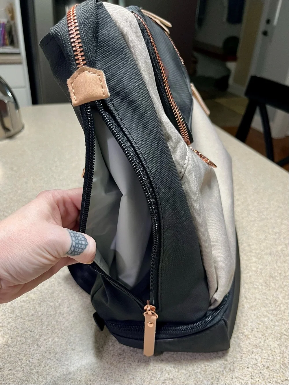 Petunia Pickle Bottom Cream and Black Cross-Print Bag with Rose Gold Hardware